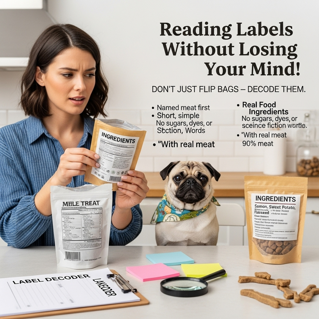 Reading Labels Without Losing Your Mind 7 Truths About Pug Treats 🐾 — What Slaps, What Flops, and What Your Little Loaf Actually Deserves