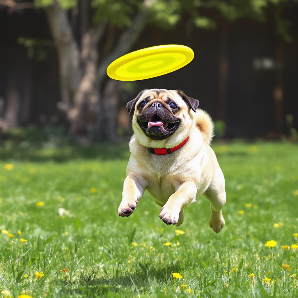 pug catching flying disk