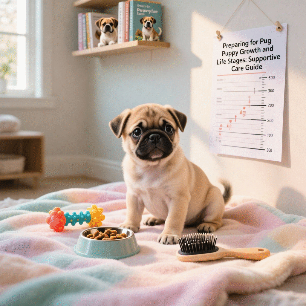 13. Preparing for Puppy Growth and Life Stages Supportive As your pug matures, their needs evolve. Early preparation ensures a smooth transition to adulthood. Adolescent Training Reinforce previously learned commands and introduce new skills. Adolescence may bring testing of boundaries; consistency is key. Nutrition Adjustment Switch from puppy to adult dog food around 9–12 months, based on vet recommendations. Maintain high-quality protein and appropriate fat levels. Exercise Adaptation Adolescent pugs may require slightly longer walks but remain sensitive to heat and overexertion. Monitor energy and breathing during activity. Social Reinforcement Continue positive socialization experiences. Teenage pugs can benefit from structured playdates and exposure to varied environments. Health Monitoring Schedule regular checkups and vaccinations. Address any emerging issues, particularly in joints, eyes, or breathing.