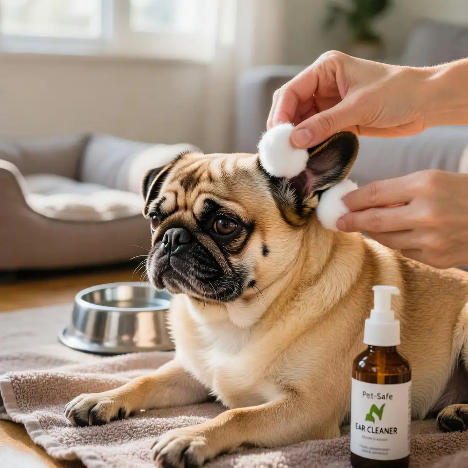 Pugs have soft, folded ears that trap wax and moisture. That makes them prone to ear infections. How Often to Clean Every one to two weeks. How to Clean Pug Ears Use a dog-safe ear cleaning solution. Apply the solution according to instructions. Massage the ear base gently. Let your pug shake their head. Wipe the outer part of the ear with a cotton pad. Avoid using cotton swabs inside the ear canal. They can push debris deeper and cause damage.