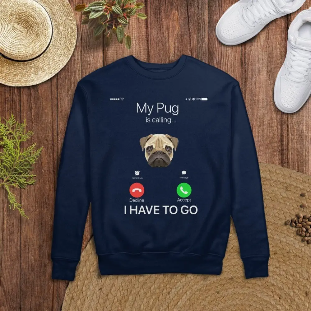 The Digital Collection: My Pug is Calling (Phone Screen) This design perfectly captures the modern reality of dog ownership: the moment you leave, your Pug needs you. It’s for the Pug parent whose dog is always their first (and most important) priority. This is the hilarious, recognizable signal that you've got to go! Design Story This clever design mimics the classic smartphone incoming call screen. At the top, the message reads "My Pug is calling..." with a stylish, low-poly graphic of a concerned Pug face in the center. Below are the familiar "Decline" and "Accept" buttons. The humorous punchline at the bottom confirms the choice: "I HAVE TO GO." It’s a clean, modern, and highly relatable piece that uses contemporary digital culture to celebrate the fact that a Pug’s urgent need for a cuddle always trumps human obligations. PRINTED IN THE USA - INTERNATIONAL SHIPPING 100% CUSTOMER SATISFACTION GUARANTEE. We stand by our high-quality products, and your satisfaction is 100% guaranteed. Available Products Item Material / Specs Why It’s Irresistible Unisex Tee 100% ringspun cotton (4.5 oz) · Classic fit Perfect for a casual outing to quickly signal why you need to rush home. Cozy Hoodie 50/50 cotton-poly fleece (8 oz) · Double-lined hood Essential for comfortable lounging while taking calls from the most important being in your life. Ceramic Mug Durable Ceramic (11 oz or 15 oz) · Microwave Safe Your daily reminder that your dog is the CEO of your schedule. Wall Art High-quality canvas or poster print A modern, minimalist piece for a home office or living room that clearly sets your priorities. Plush Throw Ultra-soft Fleece/Sherpa Blend The ultimate comfort item for answering that emergency Pug video call with a snuggle. Perfect For Modern Pug Parents: For those who are always glued to their phone—and their dog. The Minimalist Humor Lover: The clean design and simple joke are highly appealing. Gift Givers: A clever, unique gift for a friend who often bails on plans for their dog. Office Humor: A funny piece for remote workers who have canine co-workers. Care Instructions Apparel: Machine wash cold, inside-out with like colors. Tumble dry low or hang dry for best results. Mug: Dishwasher safe (top rack recommended) to keep the screen bright. Pro Tip: This shirt is highly effective for getting out of awkward conversations