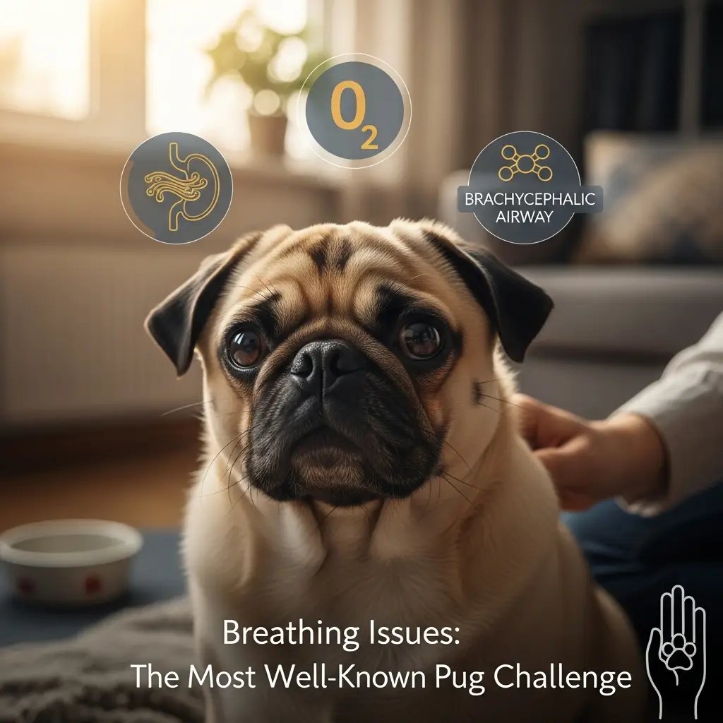 Breathing Issues: The Most Well-Known Pug Challenge If you have ever heard a pug breathe, you know they have a very unique soundtrack. The snorts, wheezes, and soft snoring can be adorable, but they are also signs of how hard your pug is working just to pull air through its nose and throat. The problem comes from something called brachycephalic airway syndrome. Pugs have short noses and narrow air passages. Their nostrils can be pinched inward, their soft palate can be longer than normal, and their windpipe can be narrower than average. Some pugs have all these issues at once. Common signs of breathing problems Noisy breathing, even at rest Snoring that shakes the bed Difficulty cooling down Heavy panting after mild exercise Gagging or coughing Collapsing in extreme heat Pugs cannot cool themselves well because dogs lower their body temperature by panting. When the airway is tight, they cannot release heat efficiently. That is why heatstroke is a serious risk for them. What you can do You do not need to panic if your pug snores. Many live long lives with mild symptoms. But you should take steps to reduce strain on the airway. Keep your pug cool. Heat is their enemy. Avoid long walks in the afternoon. Choose early morning or evening when temperatures are lower. Indoors, keep fans or AC running when needed. Manage their weight. Extra fat pushes against the airway and makes breathing harder every second of the day. Keeping them lean is one of the best health choices you can make. Use a harness. A collar pulls directly on the throat, which can make breathing worse. A soft harness distributes pressure around the chest. Limit intense exercise. Pugs enjoy movement, but they are not built for long or high-intensity activity. Slow, short walks are enough. Talk to your vet. If your pug struggles to breathe, has constant gagging, or cannot cool down, surgery may help. Many pugs improve greatly after widening the nostrils and shortening the soft palate. Breathing issues are something you will manage throughout their life. With the right care, your pug can be comfortable and cheerful.