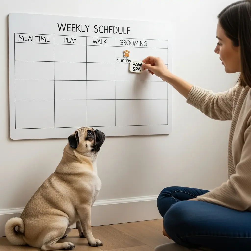 How to Build a Weekly Routine That Works Now that you understand the individual routines, you can create a simple weekly plan. Pugs respond well to structure. A predictable routine helps them feel secure. It also helps you stay consistent with your fitness. Here is a simple weekly layout you can follow: Monday Morning walk Midday indoor play Evening walk Tuesday Morning walk Indoor obstacle circuit Mental workout Wednesday Morning walk Stair session Evening walk Thursday Morning walk Low-impact strength routine Mental workout Friday Morning walk Midday play Evening walk Saturday Morning walk Indoor obstacle course Strength routine Sunday Light recovery day One short walk A short scent game indoors This plan is flexible. You can adjust it based on weather, your schedule, or your pug’s energy. The main idea is to combine physical movement with mental stimulation while avoiding intense strain.