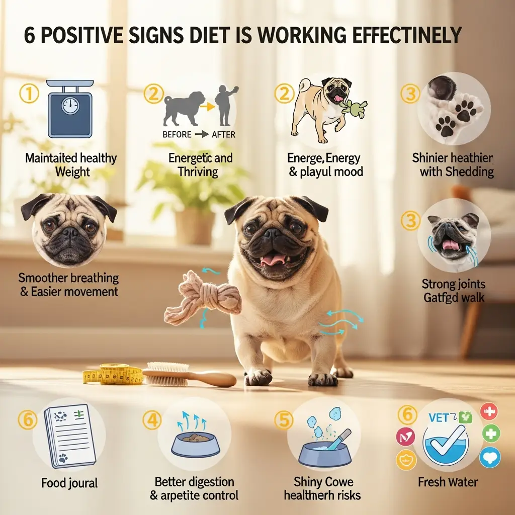 How to Tell if Your Pug’s Diet Is Working You should monitor your pug’s health regularly to see if the diet is supporting their needs. Positive Signs healthy weight smooth breathing shiny coat firm stools steady energy clear skin Signs Something Needs Adjustment rapid weight gain constant hunger itchy skin hair loss gas or bloating diarrhea dull coat If you see persistent issues, try switching foods or adjusting portions.