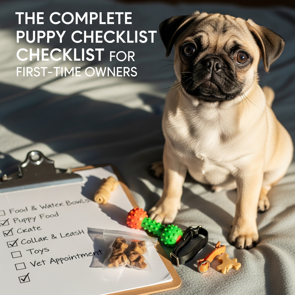 3. The Complete Pug Puppy Checklist for First-Time Owners Supportive A checklist ensures you have all necessary items before bringing your pug home. Preparation reduces stress and makes the first days smoother. Feeding Supplies High-quality puppy food Stainless steel bowls for food and water Treats for training Grooming Supplies Puppy brush Gentle dog shampoo Wrinkle wipes or soft cloths Nail clippers Training Tools Lightweight leash Adjustable harness Puppy pads Small training treats Comfort Items Cozy bedding Safe chew toys Puzzle toys for mental stimulation Safety Items Baby gates Playpen ID tag Microchip recommended A complete checklist ensures your pug puppy has everything for a secure, healthy start.