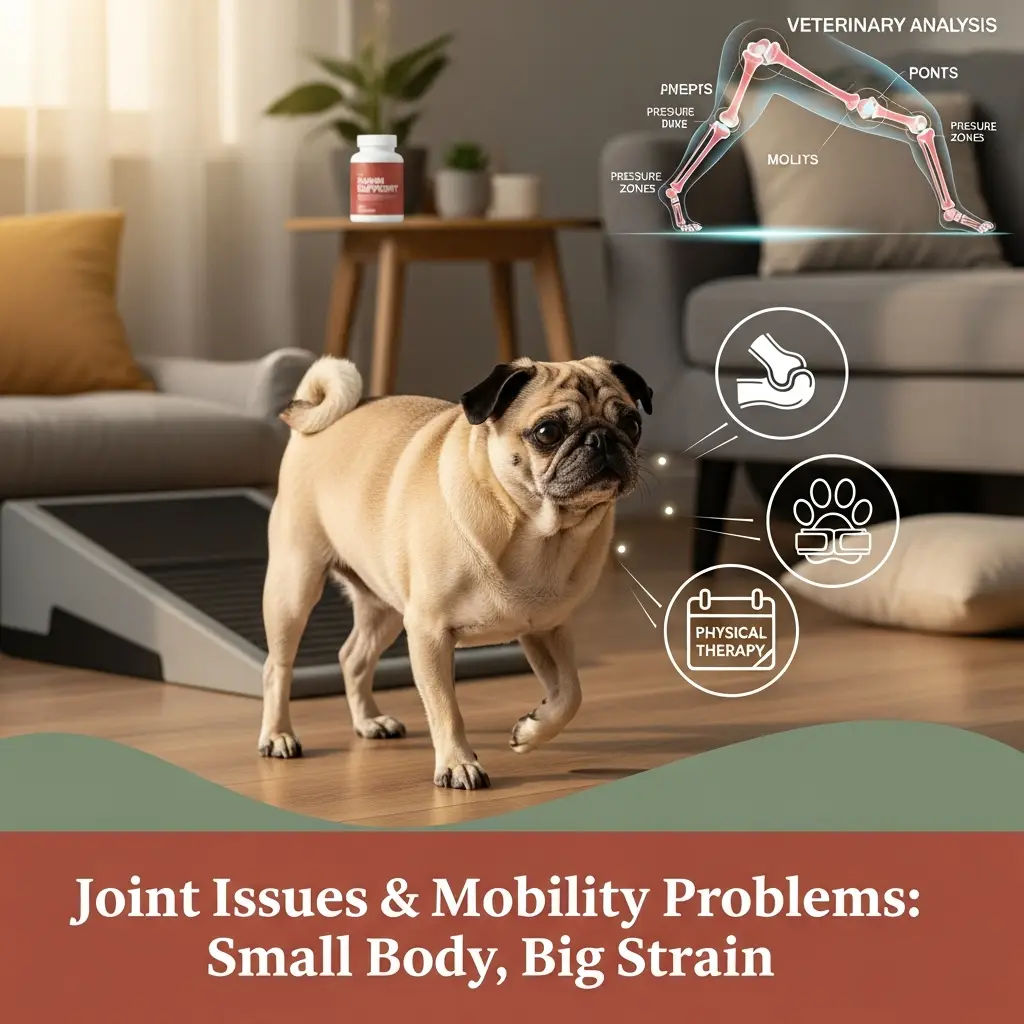 Joint Issues and Mobility Problems: Small Body, Big Strain Pugs have a compact body that places extra pressure on their joints. Over time, many develop arthritis or hip problems. They are also at higher risk for luxating patella, which is when the kneecap slides out of place. Some joint issues show up early. Others appear in middle age. You will probably notice your pug slowing down as they get older, but early care helps protect their mobility. Common signs of joint trouble Difficulty climbing stairs Stiffness after naps Limping Bunny hopping Hesitation to jump Reduced interest in play What you can do Joint health starts with daily habits. Keep your pug at a healthy weight. This point repeats often because it is one of the best ways to manage almost every pug health issue. Extra weight puts stress on the joints. Offer soft, supportive bedding. A comfortable bed reduces pressure on the hips and elbows. Choose low-impact exercise. Short walks and gentle play keep your pug mobile without straining the joints. Add joint supplements. Glucosamine and omega oils can help reduce inflammation and support cartilage. Use ramps if needed. If your pug loves the sofa or bed, a ramp prevents injuries from jumping. See your vet for pain management. Dogs hide pain. Medication or physical therapy can improve their quality of life. Joint problems are common as pugs age, but with the right approach, you can keep your dog moving comfortably for many years.