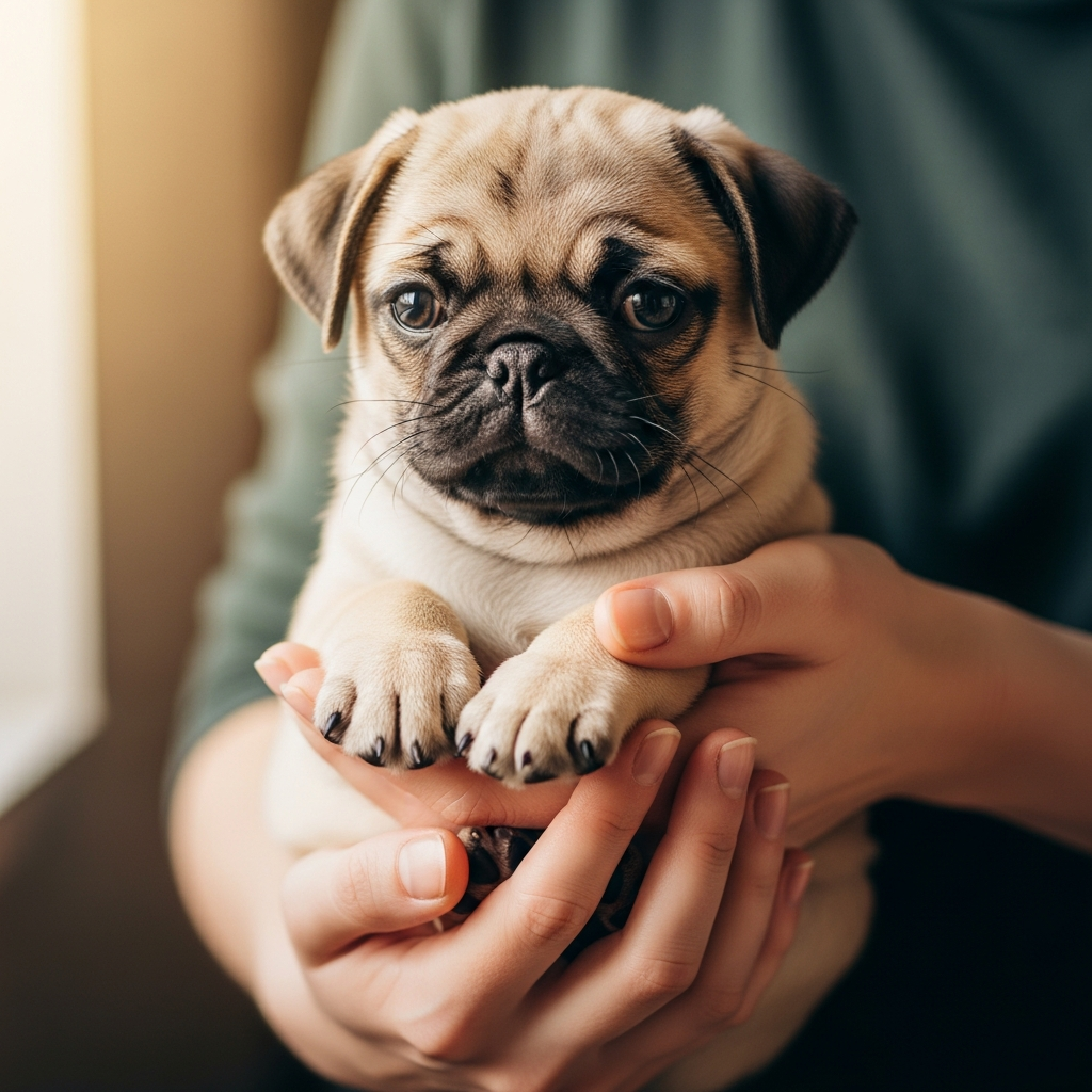 8. Practical Tips for Daily Pug Puppy Being Gentle Daily care habits make a big difference in your pug puppy’s health, happiness, and development. Small, consistent efforts build a strong foundation for life. Short Training Sessions Pug puppies have limited attention spans. Keep training sessions short, around 5–10 minutes, multiple times per day. Make each session fun and rewarding with treats, toys, or praise. Harness Instead of Collar Due to their short noses and delicate tracheas, pugs are prone to respiratory issues. Always use a well-fitted harness instead of a collar for walks or leash training to reduce strain on their airway. Safe, Soft Toys Select chew toys that are soft and appropriately sized. Avoid small toys that could be swallowed or hard toys that could damage teeth. Monitor Temperature Pugs overheat easily. Avoid outdoor activity during hot days, ensure access to shade, and never leave your puppy in a parked car. Keep fans or air conditioning on in warm environments. Dental Care Start brushing your pug puppy’s teeth early. Daily or frequent brushing reduces plaque buildup, prevents gum disease, and encourages long-term dental health. Wrinkle Hygiene Daily wipe-downs of facial wrinkles prevent infections. Use gentle, damp cloths and dry thoroughly. Consistent care prevents irritation and discomfort. Mental Engagement Include simple games and toys to stimulate your pug’s mind. Hide-and-seek, basic obedience drills, or treat puzzles keep your puppy sharp, reduce boredom, and channel energy productively.