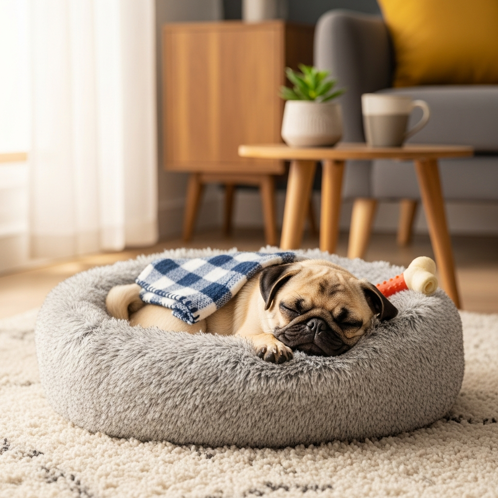 2. Creating a Comfortable Home Setup for Your Pug Puppy Happy A prepared home makes the transition smoother for both you and your new puppy. Safe spaces, comfortable bedding, and temperature control are essential. Sleeping Area Pugs enjoy warmth and cozy surroundings. Choose a bed with supportive padding placed in a quiet area. Avoid heating pads or overly warm spaces that may cause overheating. Safe Play Space Use baby gates or playpens to section off areas of your home, preventing access to hazards like electrical cords, small objects, or chemicals. Safe play zones allow your puppy to explore without risk. Temperature Control Because pugs overheat easily, maintain a comfortable indoor temperature. Use fans or air conditioning when necessary, and avoid prolonged outdoor exposure during hot weather.