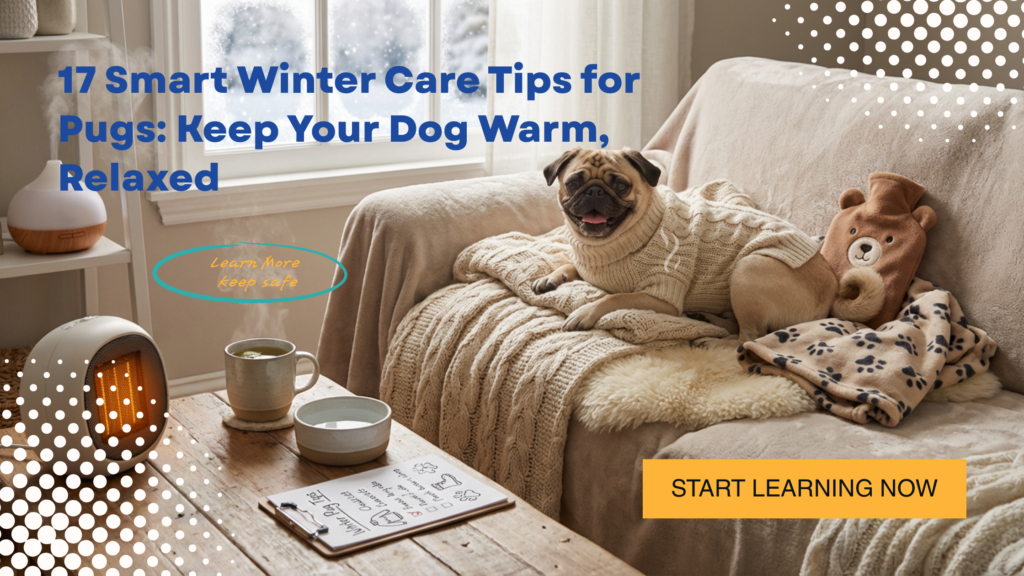 17 Smart Winter Care Tips for Pugs: Keep Your Dog Warm, Relaxed and Thriving Indoors This Season With its crisp air, peaceful mornings, and longer nights spent indoors, winter can be a lovely season. However, for pug owners, colder months can also bring new concerns. Pugs are small, compact dogs that belong to a brachycephalic breed group, which means they have shortened snouts and are more sensitive to temperature shifts than many other dogs. As temperatures drop, many pug owners begin asking important questions: To what extent is it too cold? Should their pug wear jackets? Is dry winter air harmful? What are the safest ways to exercise indoors? The purpose of this article is to confidently, carefully, and clearly address those questions. Particularly in homes with hectic daytime schedules and chilly mornings, winter weather can restrict outdoor activities, shorten sunlight hours, and decrease general activity. These seasonal shifts make indoor spaces crucial for wellness, comfort, and enrichment. Pugs can stay active, relaxed, and cozy all winter long with careful preparation. The following 17 winter care suggestions provide helpful advice backed by general pet safety guidelines, veterinary-informed concepts, and climate considerations. These are not medical guidelines and are not meant to take the place of expert veterinary advice. recommendations and are not meant to take the place of expert veterinary advice. Instead, they provide accessible and helpful strategies to support a pug’s comfort during winter. The needs of older pets, younger pets, and pets with lower activity levels during the winter are also taken into account in this guide. Many owners observe changes in paw pad sensitivity, increased sleep, decreased interest in long walks outside, and increased use of beds or blankets throughout the winter. These behaviors are typical, and winter can continue to be a peaceful, fulfilling, and secure season for pug households with the right attention and comprehension. Maintaining warmth, comfort, and general well-being is the same whether winter in your area brings heavy snow, icy sidewalks, frigid rain, or just lower indoor temperatures. Keeping that in mind, these are the first steps to meeting your pug's winter needs.