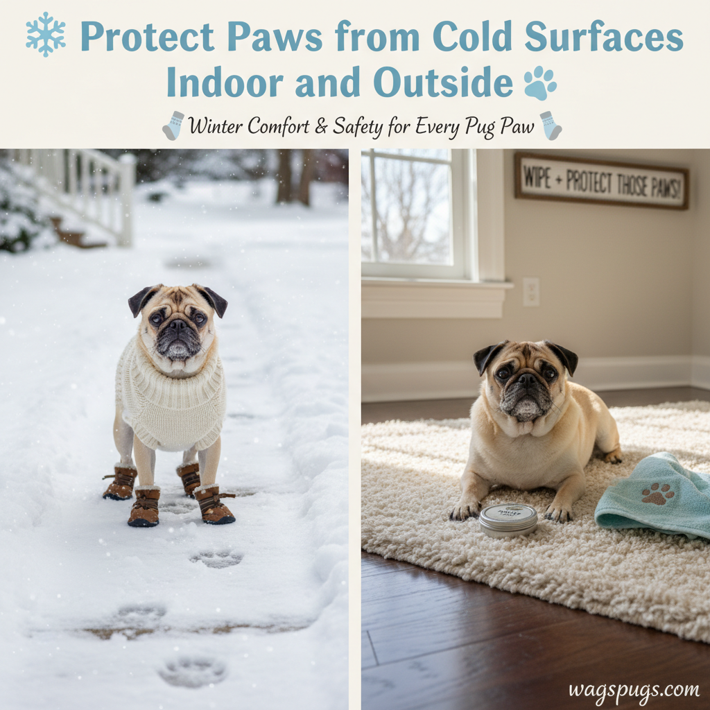 Protect Paws from Cold Surfaces Indoors and Outside Cold air can affect paw pads the same way it affects human skin. During winter, surfaces become cooler, and dry air reduces natural moisture retention. Exposure to cold indoor flooring or surfaces outside could cause discomfort. Some pugs seem hesitant to stand still for extended periods of time, lift their paws off the ground, or hesitate when walking. Rugs, blankets, or soft mats can lessen the transfer of cold from wood or tile flooring indoors. Pugs often follow the warmest areas in the home, and offering cushioned walking paths may reduce physical stress. Outdoors, additional caution may be necessary. In regions where sidewalks are treated with salt or chemical de-icers, paw pads can become irritated. Avoiding these surfaces when possible can help prevent discomfort. Dryness can gradually increase during winter due to reduced moisture in the air. Although many pug owners choose to moisturize paw pads, it is important to use products intended for dogs only. Using human moisturizers may not be suitable. Indoor activity alone is often enough to maintain paw pad comfort, especially when supported by soft resting surfaces. Monitoring paw pads periodically throughout winter helps owners notice small changes that may otherwise go unnoticed. If paw sensitivity appears higher in colder months, offering brief indoor warm-up periods before going outside may make walks easier.