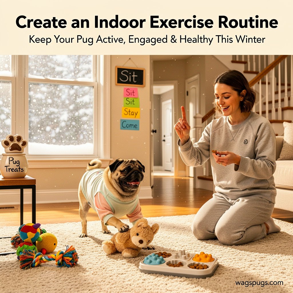 8. Create an Indoor Exercise Routine Winter weather may limit outdoor exercise opportunities for pugs. The duration and frequency of outdoor walks may be impacted by less daylight, lower temperatures, and slick surfaces. This results in more time spent indoors for many households. While indoor rest is beneficial, exercise remains important for physical and mental well-being. Indoor exercise routines help maintain a healthy energy balance and support muscle comfort. Light activity may improve sleep quality and reduce restlessness. The intensity of activity does not require a significant change. Instead, gentle, consistent engagement helps avoid excessive sedentary behavior. Indoor games offer structured movement in a safe environment. Short retrieval exercises, indoor tug games, and fetch with a soft toy could all be beneficial. Puzzle toys are another excellent option, providing both entertainment and mental stimulation. Puzzle feeders with hidden treats promote deliberate, leisurely interaction, particularly on chilly days when outdoor time is scarce. In multi-level homes, gentle stair climbing may provide a modest increase in physical activity. This should be done with caution, though, particularly for older or less mobile pugs. Playful interaction, frequent movement breaks, and quick walks down the hallway all contribute to an active daily routine. daily routine. Another type of indoor activity is training sessions. To engage the mind and create structure in the home, simple commands like "sit," "stay," "wait," and "come" can be practiced. Pugs often respond well to training because of their social nature and interest in human interaction. Indoor exercise does not need to replace outdoor play completely. Instead, it complements winter routines by filling gaps caused by weather restrictions. Variety, stimulation, and soft movement are the objectives.