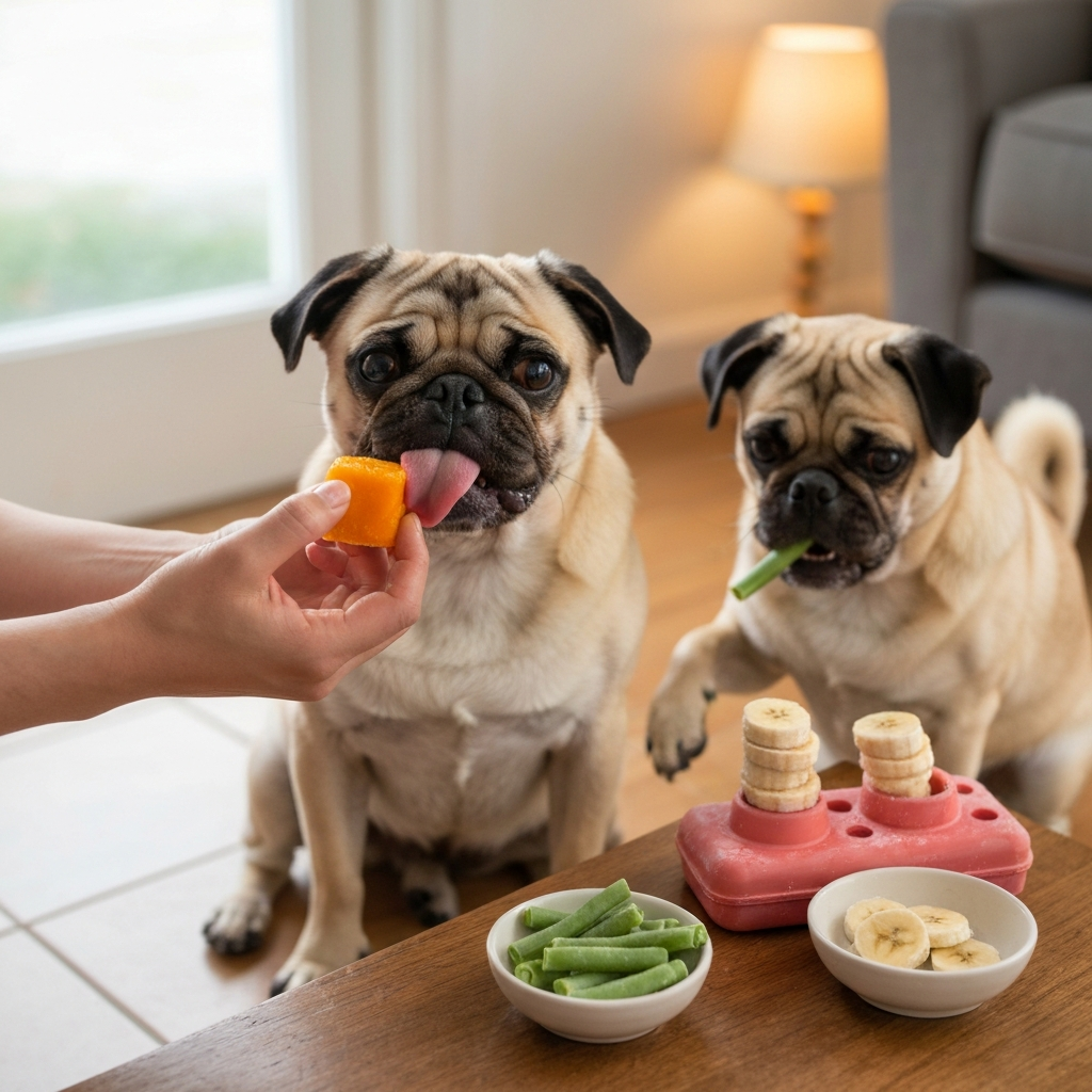 5 Safe Treat Options 6. Pumpkin Puree Pumpkin is one of the most versatile and beneficial treats you can offer your pug. Its high fiber content makes it excellent for regulating digestion, whether your pug experiences occasional constipation or simply benefits from maintaining regular bowel movements. Fiber adds bulk to stool, helping your pug pass it more easily and maintaining overall gut health. For pugs prone to digestive sensitivity, incorporating pumpkin into their diet can be a gentle, natural way to support a healthy digestive system without resorting to medications or supplements. In addition to fiber, pumpkin is rich in vitamins A, E, and C, each of which offers unique benefits. Because pugs have large eyes that are prone to dryness and irritation, vitamin A is essential for maintaining healthy vision. Vitamin E acts as an antioxidant, helping protect cells from oxidative stress and supporting skin and coat health. Vitamin C enhances immunity, helping your pug fight infections and maintain overall wellness. The combination of fiber and these vitamins makes pumpkin a nutrient-rich, low-calorie treat that can be safely offered regularly. Pumpkin is naturally low in calories and contains complex carbohydrates, providing sustained energy without contributing to weight gain. Unlike pumpkin pies, spiced preparations, or desserts meant for humans, plain canned pumpkin or freshly cooked pumpkin is completely safe for pugs. Avoid any added sugar, spices, or artificial flavorings, which can irritate your pug’s digestive system or cause toxicity. Serving Tips: Offer small spoonfuls as a snack or mix with your pug’s regular kibble for added flavor and moisture. Freeze pumpkin into small cubes or portions to create a cool, refreshing treat during warmer months. Frozen pumpkin can also help soothe teething puppies or provide a long-lasting chew alternative when combined with safe ingredients. Introduce gradually to monitor your pug’s tolerance, as sudden changes in fiber intake can occasionally cause mild digestive upset, such as gas or loose stools. For added variety, mix pumpkin puree with plain yogurt or small amounts of safe vegetables like carrots or green beans, creating a nutrient-rich, palatable treat. Use pumpkin as a training reward by offering tiny portions for positive reinforcement during short sessions. Pumpkin is particularly beneficial for pugs with sensitive stomachs, irregular digestion, or mild constipation issues. Its naturally soothing effect on the digestive tract makes it ideal for these situations, while its nutrient profile supports overall health. Regularly including pumpkin in your pug’s diet can contribute to better stool consistency, improved gut health, and enhanced nutrient absorption, particularly when combined with a balanced diet. Nutritional Benefits Table: Nutrient Amount per 100g Benefit for Pugs Fiber 2.5 g Supports healthy bowel movements and digestion Vitamin A 426 µg Maintains vision and supports immune function Vitamin C 9 mg Boosts immunity and overall wellness Vitamin E 1.06 mg Antioxidant that supports skin and coat health Potassium 340 mg Supports muscle and nerve function Pumpkin is also a hydrating treat, as it contains a high water content that helps maintain hydration. This can be particularly helpful for pugs living in warmer climates or those prone to mild dehydration. Additionally, because of its soft texture, pumpkin is a healthy snack that is simple to chew and swallow, making it appropriate for puppies, elderly dogs, or pugs with dental sensitivity. In summary, pumpkin puree is a highly versatile, safe, and nutrient-dense treat that can be incorporated into your pug’s daily routine in multiple ways—whether as a stand-alone snack, mixed into meals, frozen, or combined with other safe ingredients. Its digestive, immune, and nutritional benefits make it a staple for any responsible pug owner, particularly for those caring for pugs with sensitive stomachs or minor gastrointestinal issues. 7. Green Beans Green beans are low-calorie, high-fiber vegetables that provide essential vitamins A, C, and K. They can be offered raw or lightly steamed, and their crunch satisfies the chewing instinct in pugs. Serving Tips: Cut into small pieces for easy chewing Combine with a small amount of protein for a balanced treat Serve raw for maximum crunch or lightly steamed for softness Nutritional Benefits Table: Nutrient Amount per 100g Benefit for Pugs Fiber 3.4 g Supports digestion Vitamin C 12.2 mg Strengthens immunity Vitamin K 43 µg Promotes blood clotting Green beans are ideal for weight-conscious pugs due to their low-calorie content. 8. Banana Slices Bananas are soft, naturally sweet, and high in potassium, vitamin C, and vitamin B6. Due to their sugar content, they should be offered in moderation. Bananas provide energy, support heart function, and enhance immunity. Serving Tips: Slice thinly to prevent overeating Freeze slices for a cool summer treat Stuff small pieces into interactive toys for enrichment Nutritional Benefits Table: Nutrient Amount per 100g Benefit for Pugs Potassium 358 mg Supports heart health Vitamin C 8.7 mg Boosts immunity Vitamin B6 0.4 mg Supports metabolism Bananas are a convenient, healthy treat that most pugs enjoy enthusiastically. 9. Plain Yogurt Plain, unsweetened yogurt contains probiotics, which promote gut health. It is also a source of calcium and protein. Yogurt can be offered as a snack or frozen into cubes for a refreshing treat. Serving Tips: Use small portions to avoid digestive upset Combine with blueberries or pumpkin for variety Freeze into molds for a summer treat Nutritional Benefits Table: Nutrient Amount per 100g Benefit for Pugs Protein 3.5 g Supports muscle health Calcium 121 mg Strengthens bones and teeth Probiotics High Promotes gut flora balance Yogurt is ideal for pugs prone to digestive sensitivity or those needing additional calcium.
