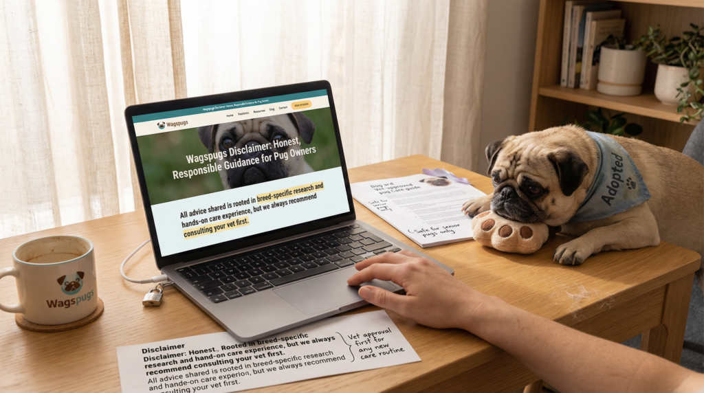 Wagspugs Disclaimer The information provided by wagspugs.com is for general informational purposes only. This website's content is all published in good faith with the goal of educating readers about pugs and dog-related subjects. 1. General Information Disclaimer wagspugs.com makes no warranties regarding the completeness, reliability, or accuracy of the information presented on this website. Any action you take based on the information found on wagspugs.com is strictly at your own risk. Wagspugs.com disclaims all liability for any losses or damages resulting from using our website. 2. Professional Disclaimer The content on wagspugs.com does not constitute professional, medical, veterinary, legal, or financial advice. All dog health, care, training, and nutrition information is provided for educational purposes only. Always seek the advice of a qualified veterinarian or professional before making decisions related to your pet’s health or well-being. 3. External Links Disclaimer Links to external websites that are not supplied or maintained by us may be found on wagspugs.com. While we strive to provide only quality links, we have no control over the content and nature of these external sites. The inclusion of any external links does not imply a recommendation or endorsement of the views expressed within them. 4. Affiliate Disclaimer Wagspugs.com might take part in affiliate marketing initiatives. This means we may earn a small commission when users purchase products through affiliate links, at no additional cost to the user. These commissions help support the maintenance and operation of the website. 5. Advertising Disclaimer Google AdSense and other advertising partners may display ads on wagspugs.com. Third-party advertisers may use cookies, web beacons, or similar technologies to display ads relevant to users. These cookies and the content of the displayed ads are beyond the control of wagspugs.com. Users may manage or disable cookies through their browser settings. 6. Consent You acknowledge and agree to the terms of this disclaimer by using wagspugs.com. 7. Updates This disclaimer may be updated, modified, or altered at any time by us. Any changes will be clearly posted on this page. 8. Contact Us Please get in touch with us if you have any questions concerning this disclaimer: Email: wagspugs@gmail.com Website: https://wagspugs.com Shopping Site: https://shop.wagspugs.com